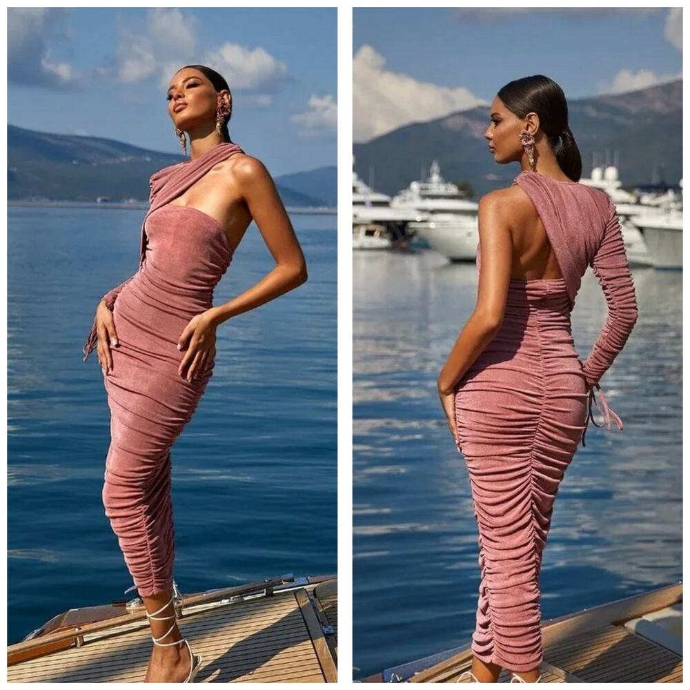 Alamour the Label Luisa Midi Dress Size Large Pink Ruched One Sleeve Cocktail